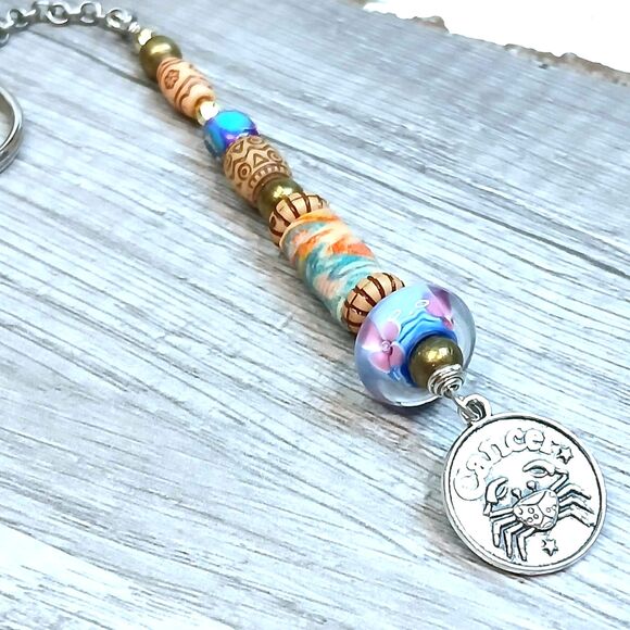Cancer Beaded Key Chain, Zodiac Gemstone Crystal Bohemian Astrology - Picture 4 of 4